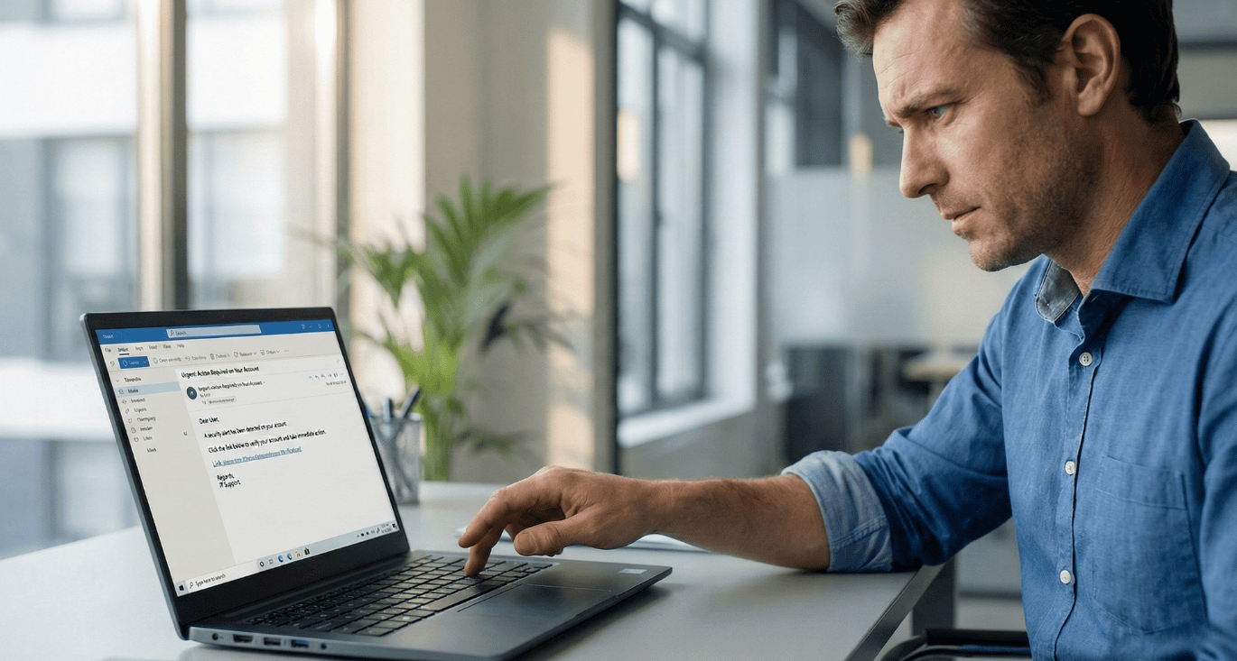 Een aandachtige medewerker analyseert een hyper-gepersonaliseerde e-mail op zijn laptop, terwijl Cyberplan waarschuwt dat AI-gegenereerde phishing-mails tegenwoordig taalkundig perfect en zeer misleidend zijn.