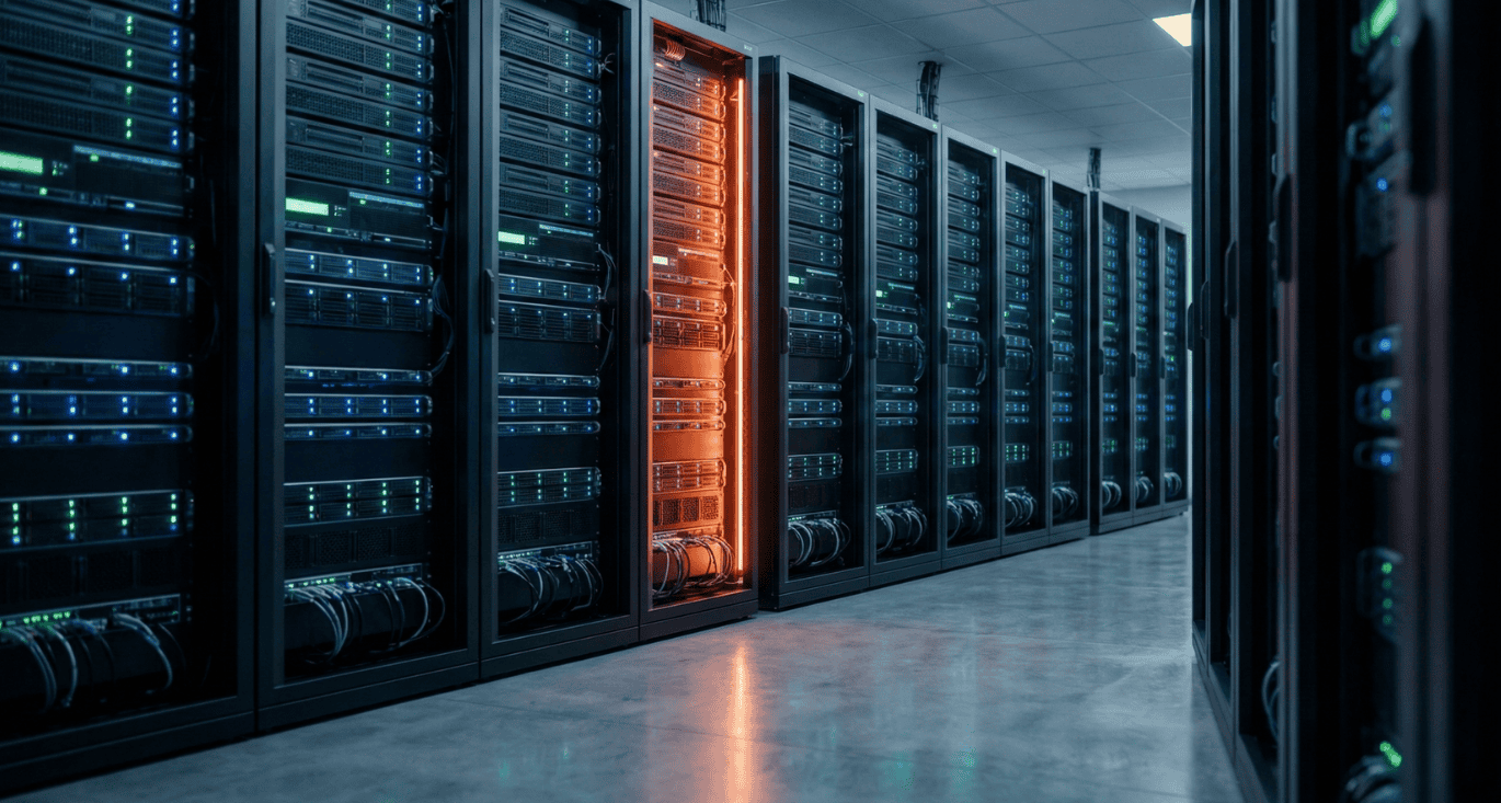Een professionele serverruimte met rijen racks en verlichte servers die de infrastructuur van een bedrijf representeren, terwijl Cyberplan waarschuwt dat de echte 'digitale deuren' zich in de API-logica bevinden.
