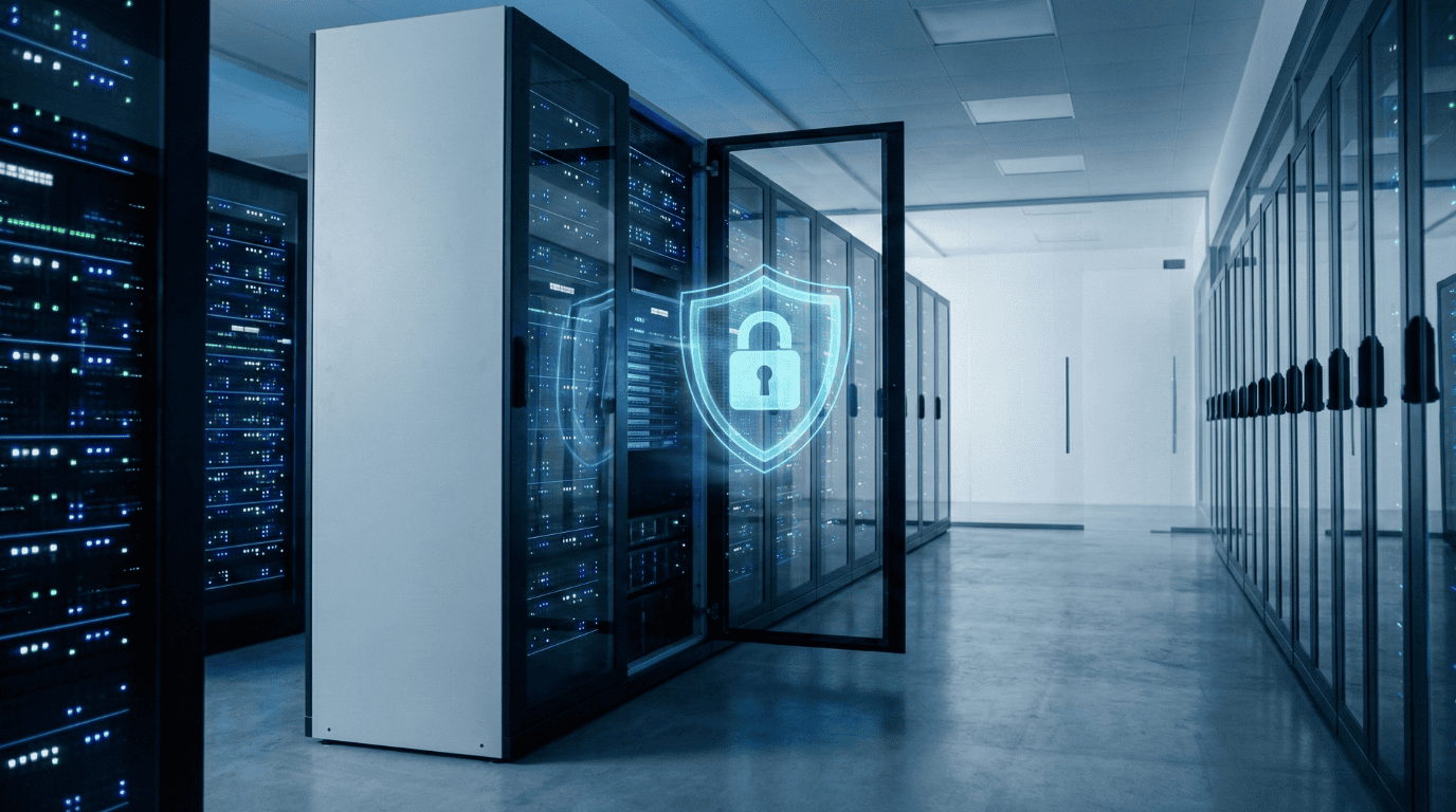 Een modern NAS-systeem in een serverruimte met een geprojecteerd veiligheidsslot, symbool voor de robuuste infrastructuurbeveiliging die Cyberplan implementeert.