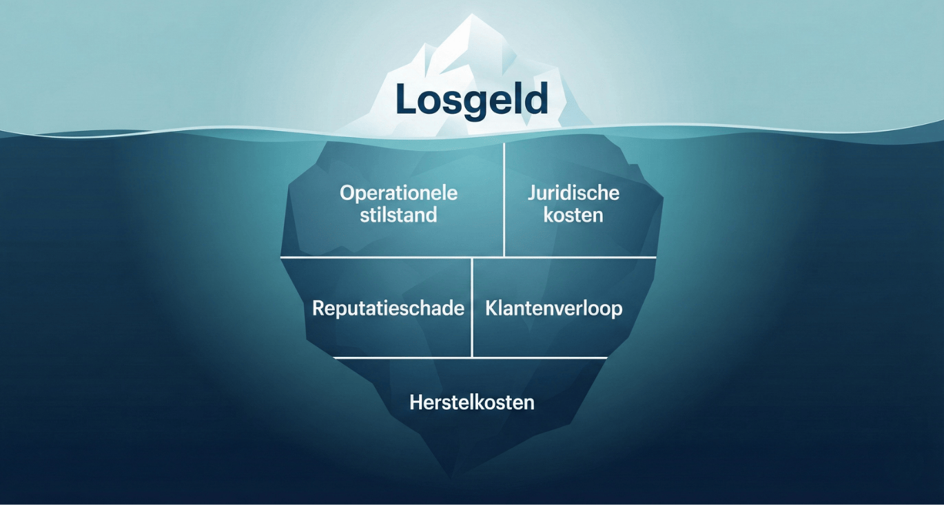 Een ijsbergmodel van Cyberplan illustreert de verborgen kosten van een cyberaanval voor Belgische KMO's, waarbij losgeld slechts het topje is en herstelkosten en reputatieschade onder het wateroppervlak liggen.