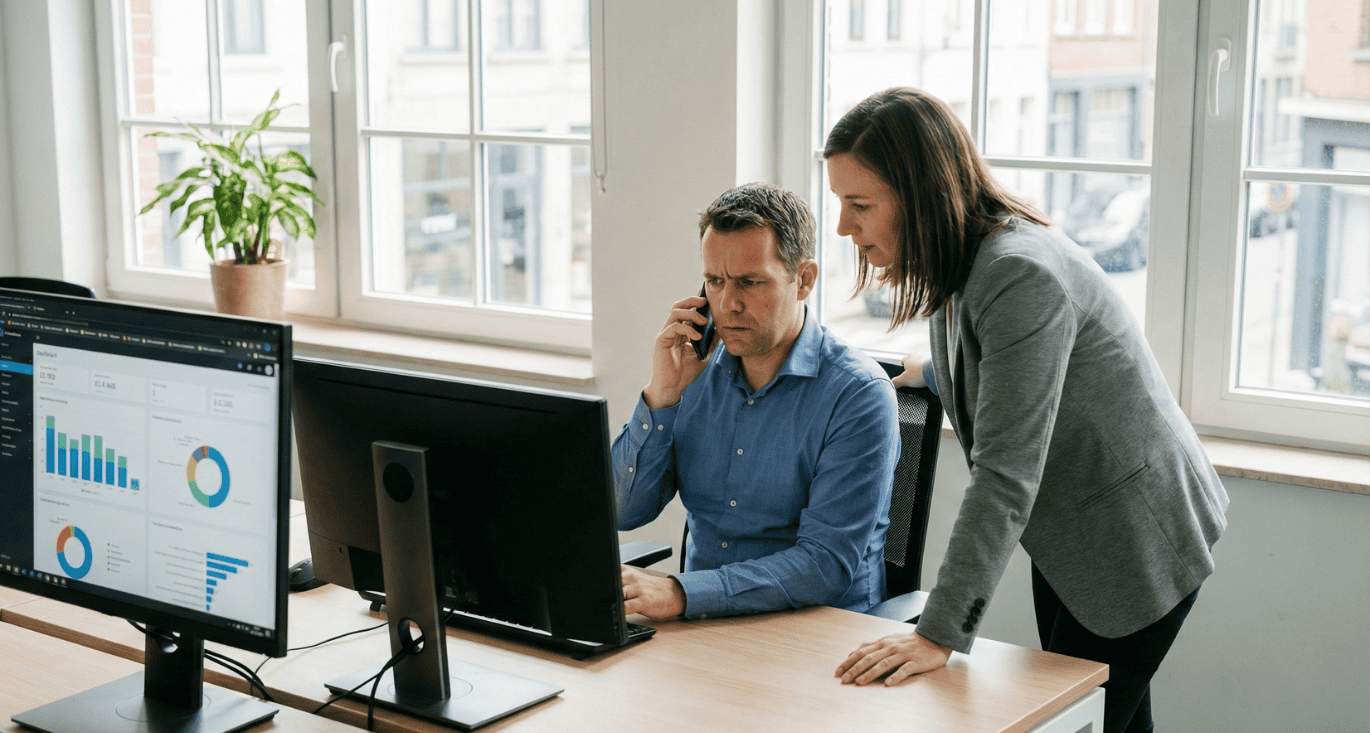 Een zaakvoerder en een IT-expert van Cyberplan bespreken de kwartaalcijfers en cybersecurity-rapportages op een dashboard om de digitale weerbaarheid van de KMO te versterken in 2026.