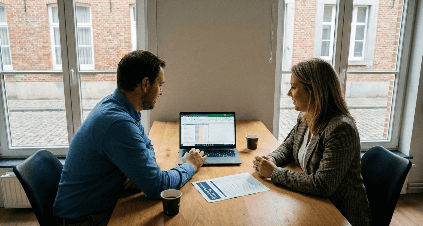 Een zaakvoerder en een IT-manager van een Vlaamse KMO bekijken samen een cybersecurity-checklist op een laptop om te voldoen aan de GDPR-vereisten van het GBA Strategisch Plan 2026, ondersteund door Cyberplan.