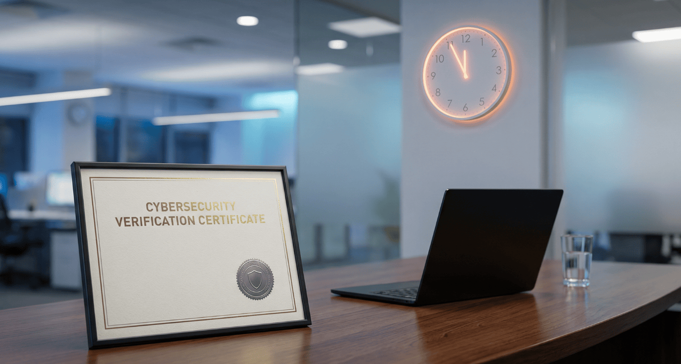 Een officieel certificaat ligt op een modern bureau met op de achtergrond een klok die bijna twaalf uur slaat, wat de dringende deadline voor de verplichte NIS2-conformiteitsbeoordeling symboliseert.
