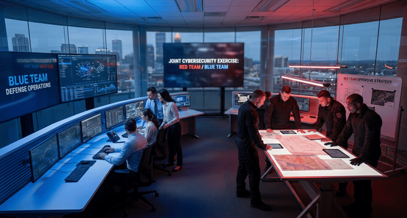 Twee cybersecurityteams werken samen: een red team en een blue team vergelijken de aanpak van een pentest met red teaming