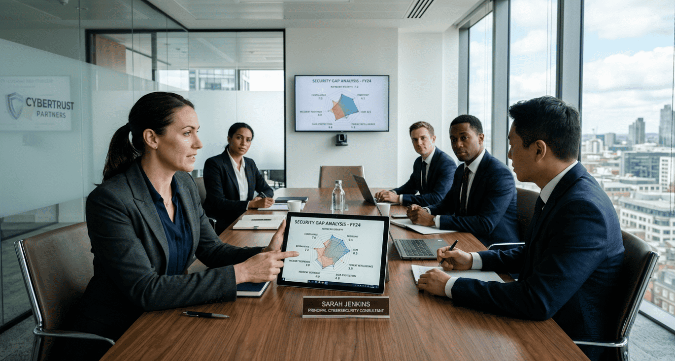 Consultant toont radardiagram van cybersecurity gap-analyse met scores per beveiligingsdomein aan directieteam