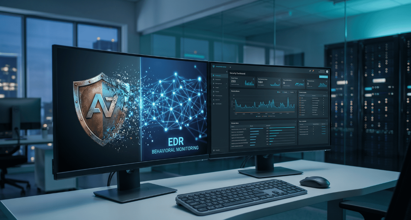 EDR security dashboard met gedragsanalyse op een laptop in een Belgisch kantoor