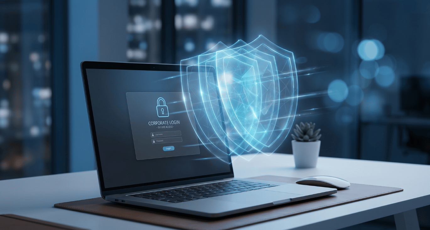 Vier verdedigingslagen voor MFA-bypass bescherming met laptop en login-interface op kantooromgeving