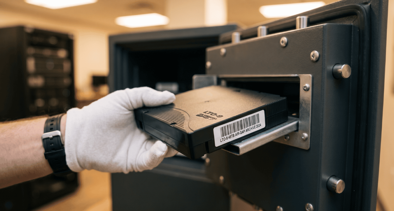 LTO-tape met backup gaat in brandkast, klassiek voorbeeld van air-gapped opslag binnen een 3-2-1-1-0 backupstrategie.