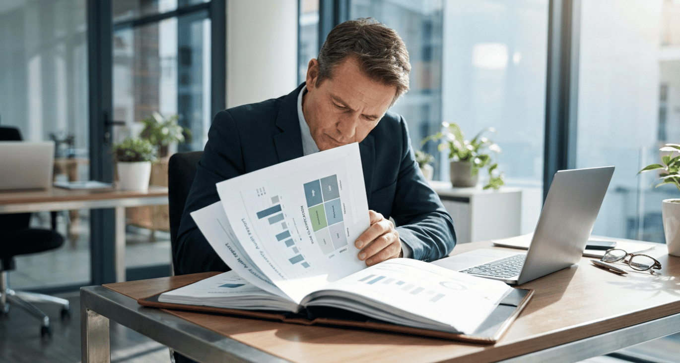 Zaakvoerder leest cybersecurity audit rapport met risicoclassificaties aan bureau