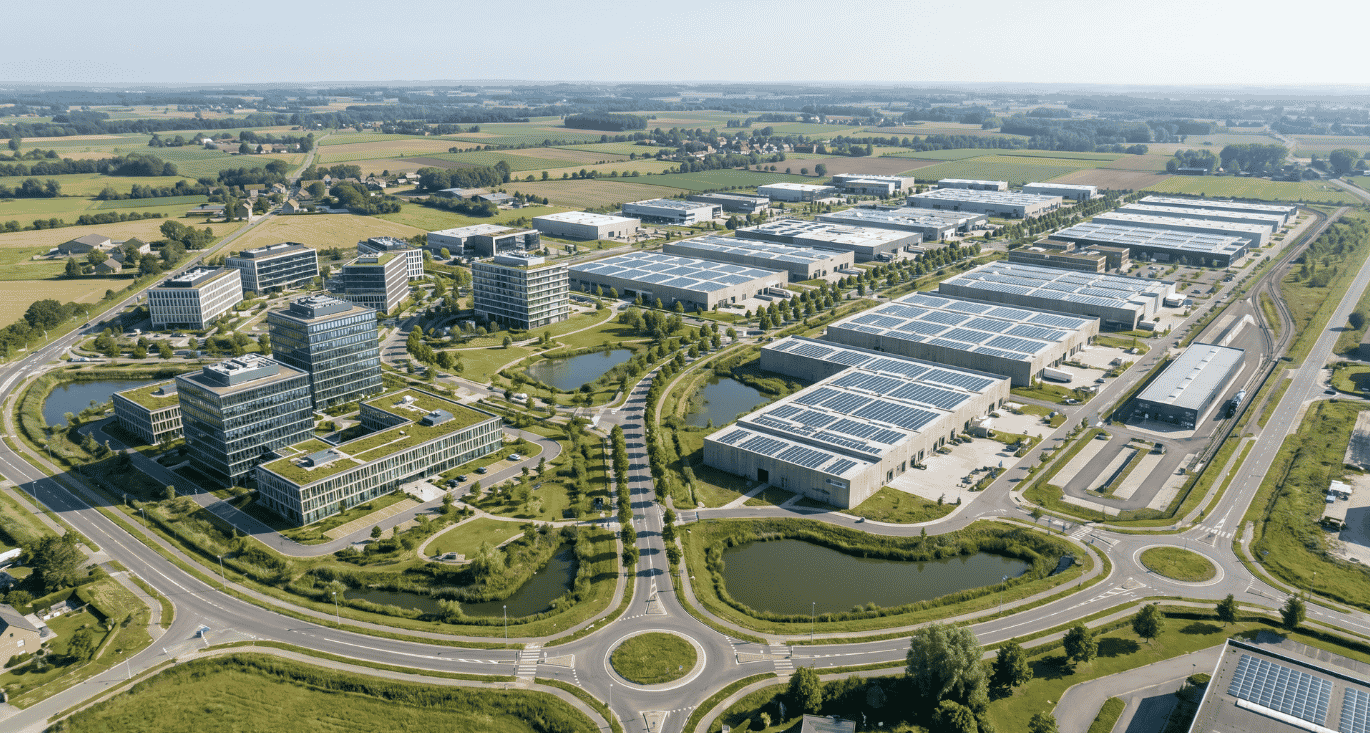 Belgisch industrieel landschap met fabriek en kantoorgebouw als symbool voor NIS2-sectoren maakindustrie