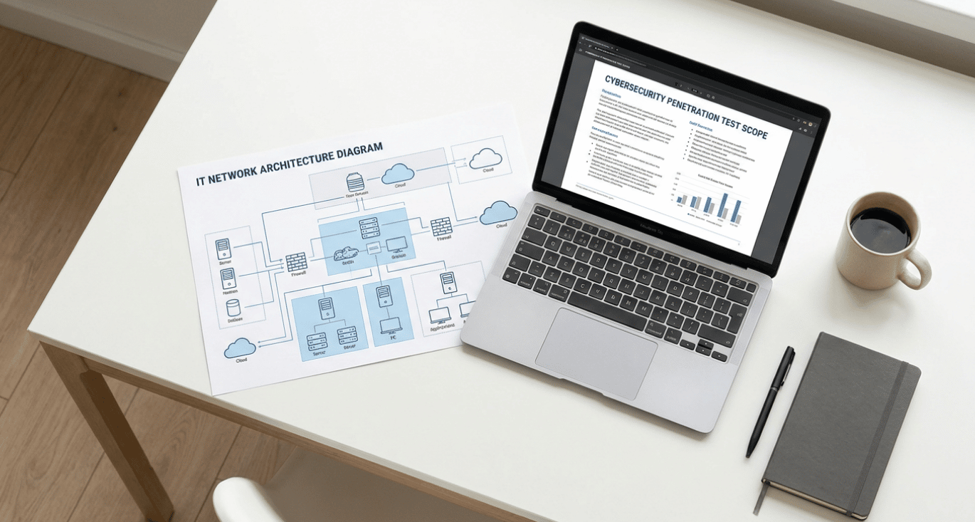 IT-manager en pentester bepalen de pentest scope aan een whiteboard met netwerktekening in een kantooromgeving