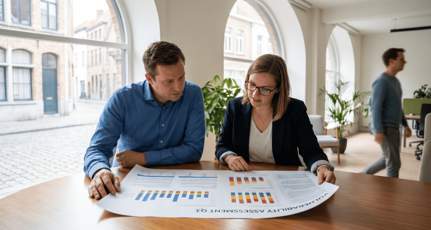 IT-manager en security-consultant bespreken resultaten van een vulnerability assessment rapport