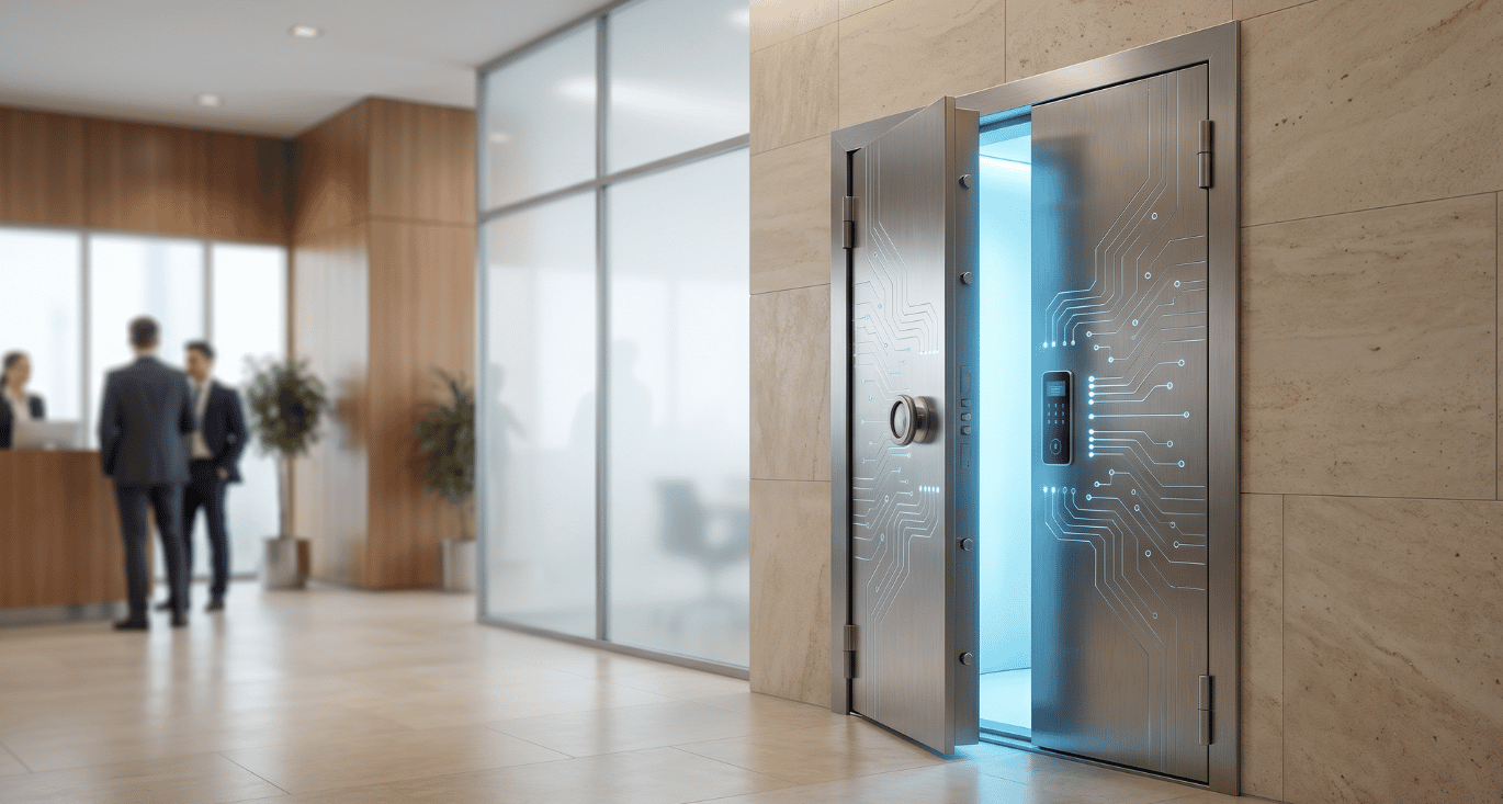 Digitale kluis als symbool voor een enterprise wachtwoordmanager die bedrijfsinloggegevens veilig centraliseert