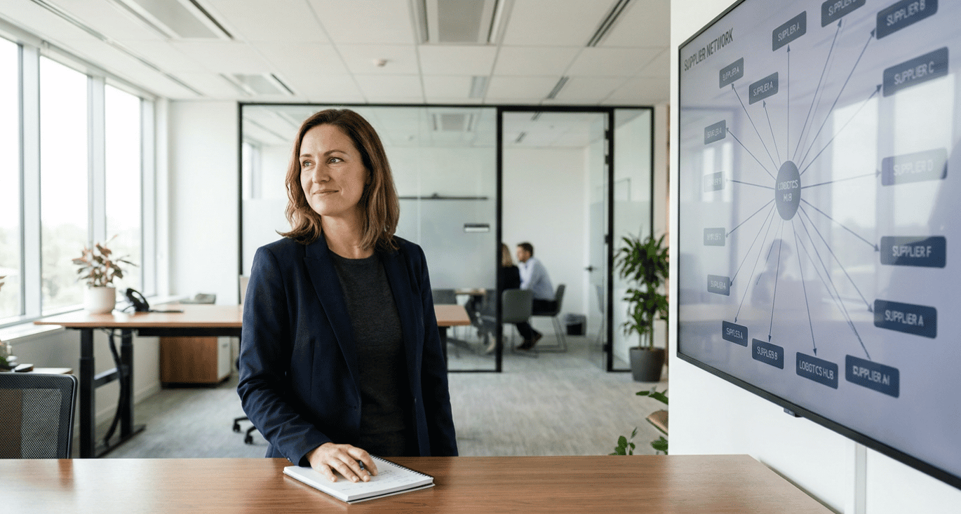 Operationsmanager bekijkt een supply chain aanval-risicokaart met verbonden leveranciers op kantoorscherm."