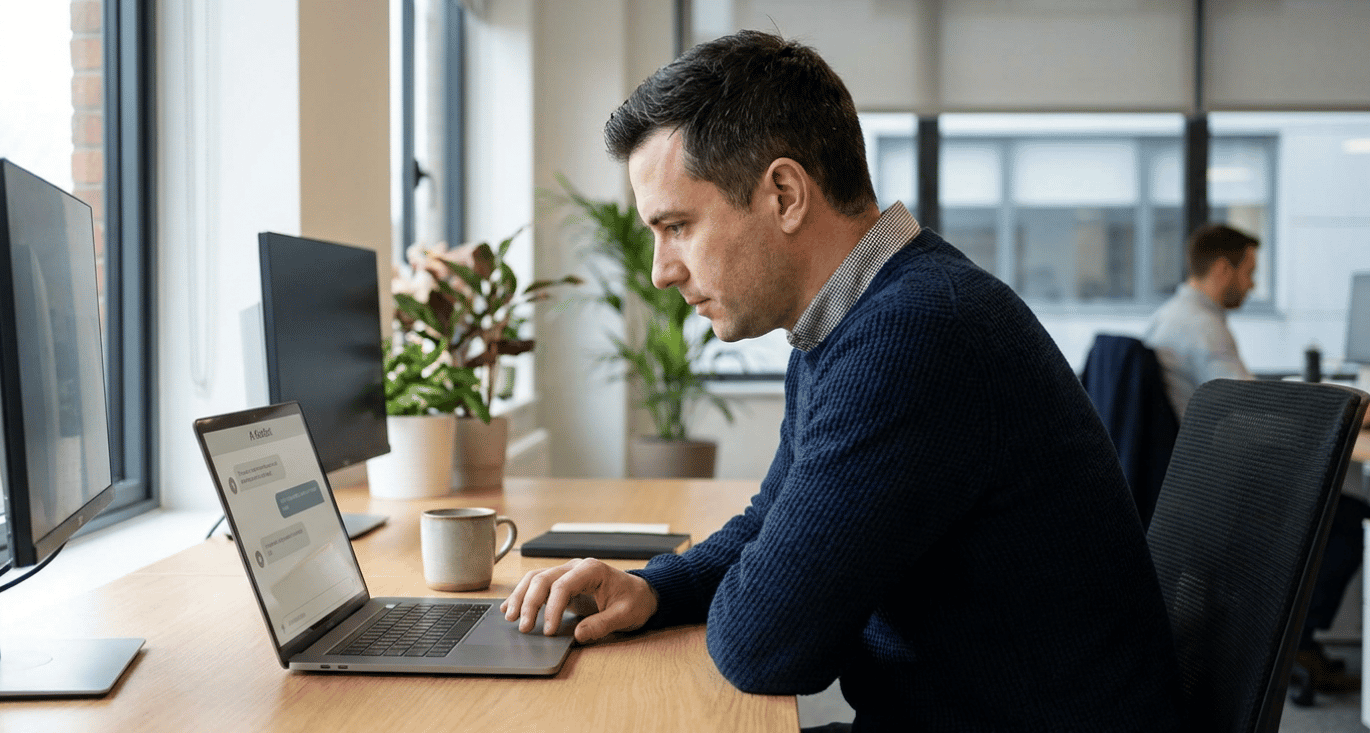 Medewerker gebruikt AI-chatbot op kantoorlaptop, illustratie bij shadow AI risico op de werkvloer.