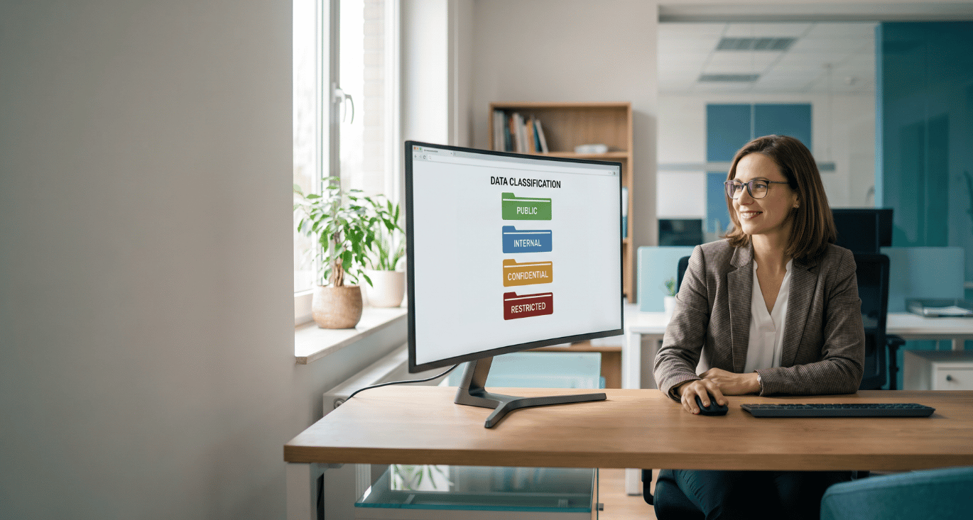 Professional bezig met dataclassificatie voor een bedrijf, met kleurgecodeerde labels voor datagevoeligheid op een scherm.