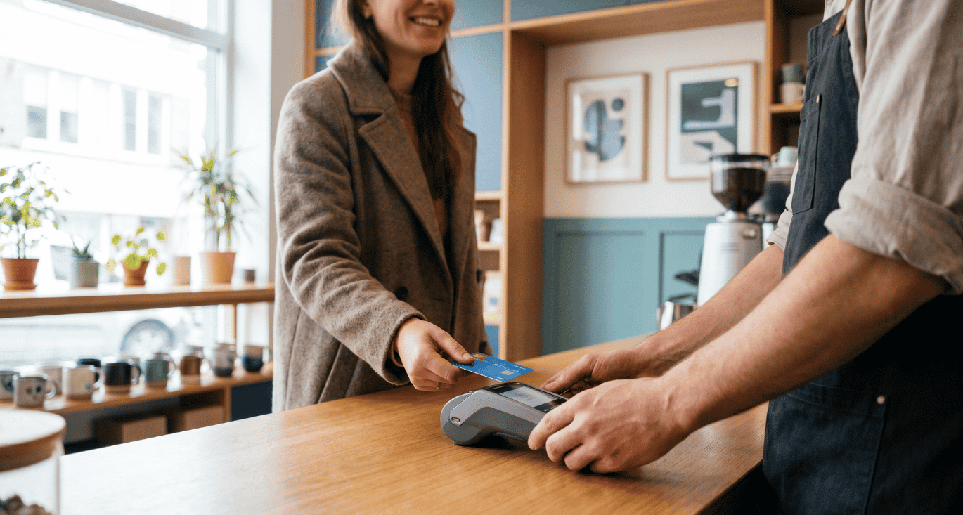 Medewerker helpt klant met contactloze betaling, cybersecurity in retail en horeca in de praktijk