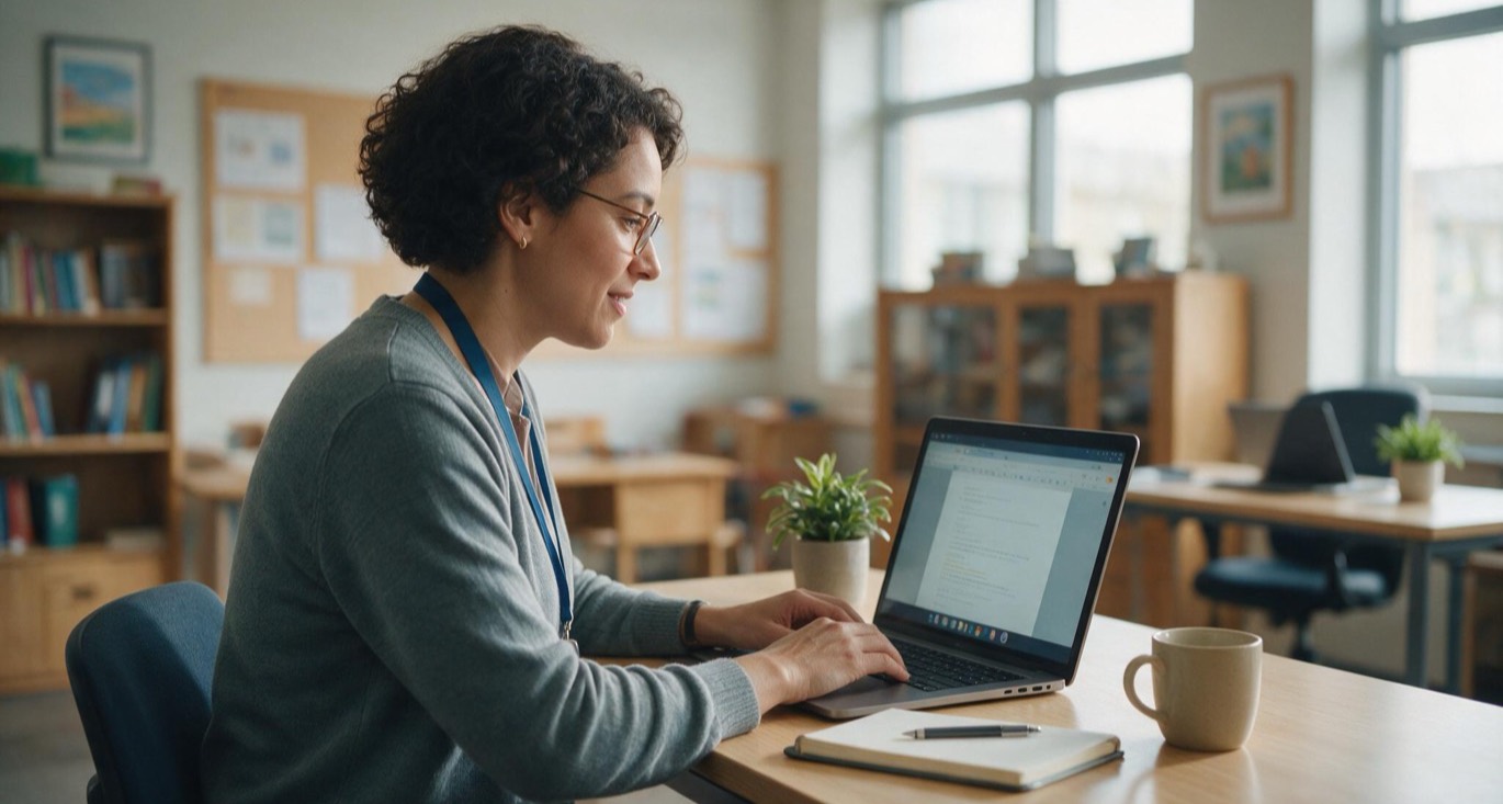 ICT-coördinator werkt aan een laptop in de leraarskamer van een school, illustratie van cybersecurity in het onderwijs en het beschermen van leerlingdata.