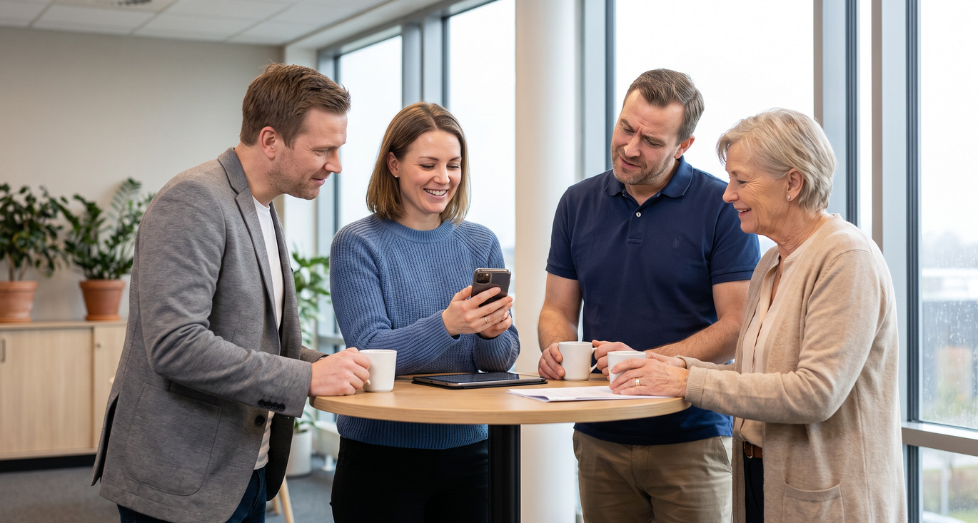 Collega's bespreken een verdacht bericht tijdens de Cybersecurity Awareness Month