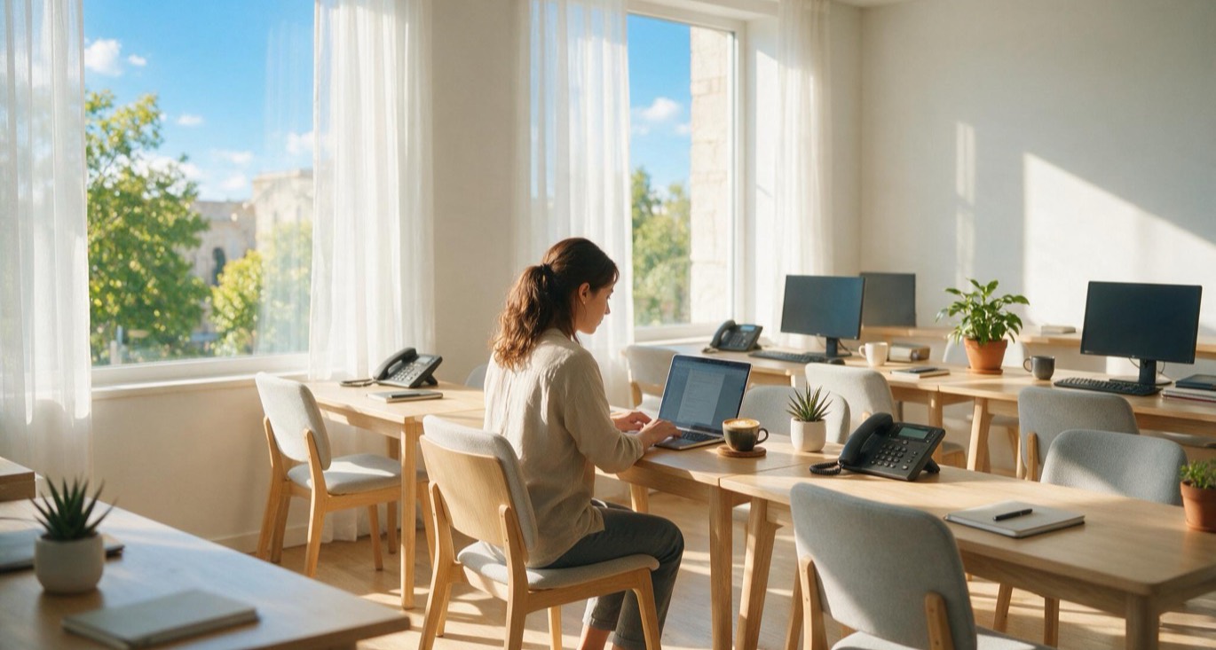 Medewerker werkt alleen in een zomers, bijna leeg kantoor, illustratie van cybersecurity en fraude tijdens de vakantieperiode.