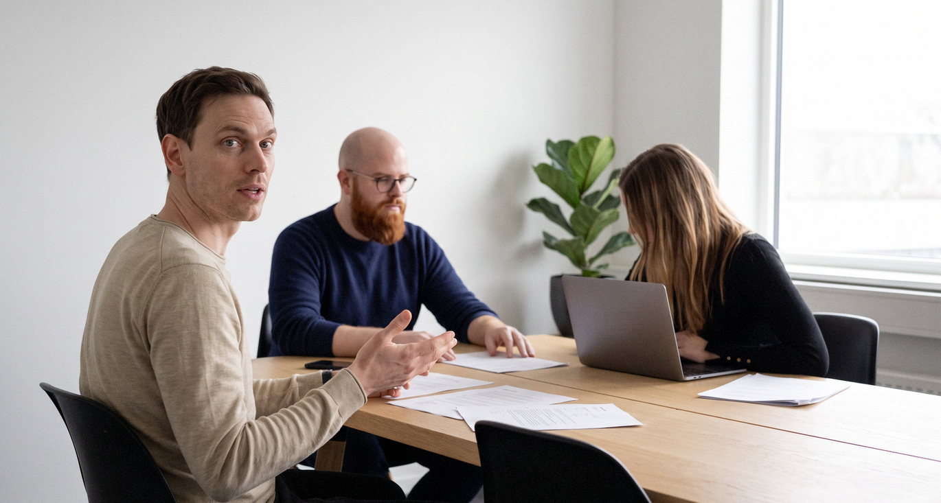 Twee collega's nemen samen een NIS2-checklist door aan een vergadertafel.