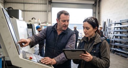 Productieverantwoordelijke en collega bespreken de cyberveiligheid van een Limburgs maakbedrijf