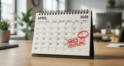 Een kalender waarop 18 april 2026 rood gemarkeerd is als de officiële NIS2-deadline, de datum waarop organisaties compliant moeten zijn en waarbij Cyberplan ondersteuning biedt.