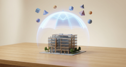 Paraplu beschermt miniatuur kantoorgebouw tegen cyberdreigingen als metafoor voor cyberverzekering