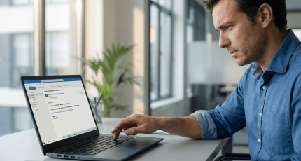 Een aandachtige medewerker analyseert een hyper-gepersonaliseerde e-mail op zijn laptop, terwijl Cyberplan waarschuwt dat AI-gegenereerde phishing-mails tegenwoordig taalkundig perfect en zeer misleidend zijn.