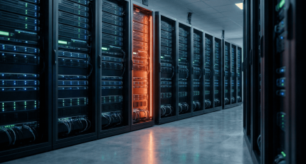 Een professionele serverruimte met rijen racks en verlichte servers die de infrastructuur van een bedrijf representeren, terwijl Cyberplan waarschuwt dat de echte 'digitale deuren' zich in de API-logica bevinden.