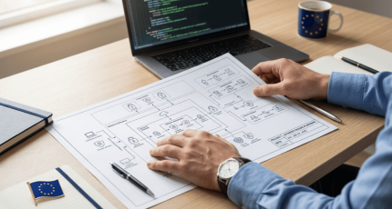Een softwareontwikkelaar analyseert een complex technisch schema van een applicatie-architectuur ter voorbereiding op de Europese Cyber Resilience Act (CRA) compliance.