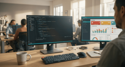 Een cybersecurity specialist analyseert kwetsbaarheden op een applicatie dashboard tijdens een application pentest om softwarelekken te dichten voor hackers ze vinden.