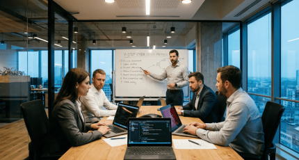 Crisisteam bespreekt 7-stappenplan op whiteboard na cyberaanval op hun bedrijf