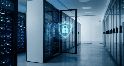 Een modern NAS-systeem in een serverruimte met een geprojecteerd veiligheidsslot, symbool voor de robuuste infrastructuurbeveiliging die Cyberplan implementeert.