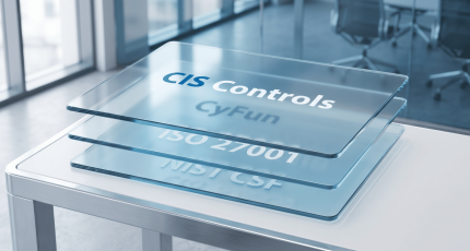 Vier gestapelde framework-lagen met CIS Controls bovenaan als praktische implementatie-laag voor Vlaamse KMO's