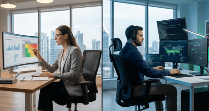 Een split-screen compositie toont links een auditor die beleidsdocumenten controleert en rechts een ethische hacker die code analyseert, wat het fundamentele verschil illustreert tussen een strategische cybersecurity audit en een technische pentest.