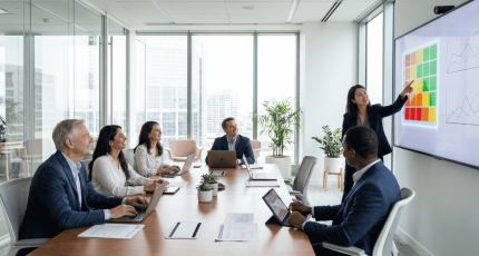 Twee IT-managers analyseren een 5x5 risicomatrix tijdens een cybersecurity risicoanalyse-workshop in een Vlaams kantoor.