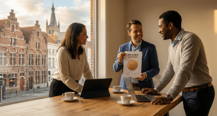 Drie professionals overleggen aan een houten tafel in een kantoor met uitzicht op een Vlaamse stad, waarbij één persoon een document met een gouden zegel vasthoudt dat symbool staat voor een succesvolle ISO 27001 certificering en NIS2-compliance.