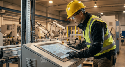 Een productie-ingenieur in werkkleding inspecteert een verouderd HMI-scherm en PLC-systeem in een fabriek, wat de risico's van legacy-apparatuur en de noodzaak voor gespecialiseerde OT-security illustreert.