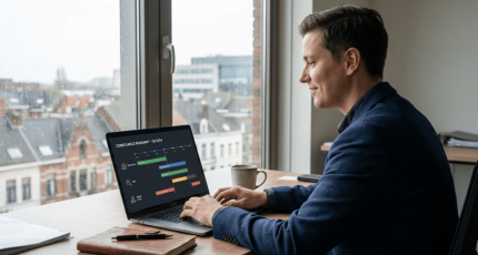 Een IT-manager bekijkt een digitale roadmap op een laptop met mijlpalen voor ISO 27001 en CyberFundamentals, wat de strategische keuze illustreert die Belgische bedrijven moeten maken voor NIS2-compliance.