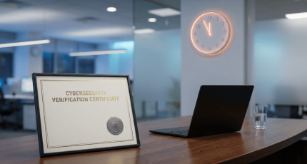 Een officieel certificaat ligt op een modern bureau met op de achtergrond een klok die bijna twaalf uur slaat, wat de dringende deadline voor de verplichte NIS2-conformiteitsbeoordeling symboliseert.