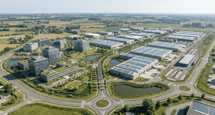 Belgisch industrieel landschap met fabriek en kantoorgebouw als symbool voor NIS2-sectoren maakindustrie