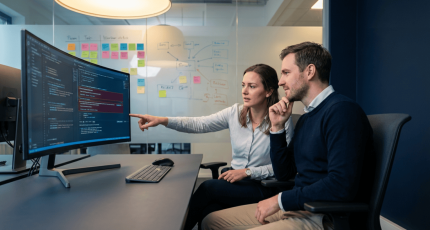 Twee developers reviewen code op een groot scherm tijdens een OWASP Top 10 security check op kantoor
