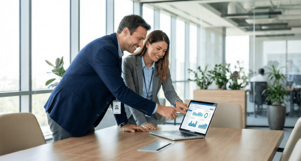 Een IT-manager en cybersecurity consultant analyseren samen een digitaal beveiligingsrapport op een laptop, wat de strategische meerwaarde symboliseert van het kiezen van een gecertificeerd pentest bedrijf voor NIS2-compliance.