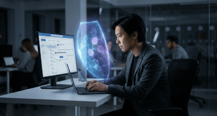 Een professional kijkt geconcentreerd naar een computerscherm dat wordt beschermd door een gloeiend digitaal energieschild, wat de krachtige menselijke verdedigingslinie symboliseert die u creëert met een effectieve phishing simulatie.