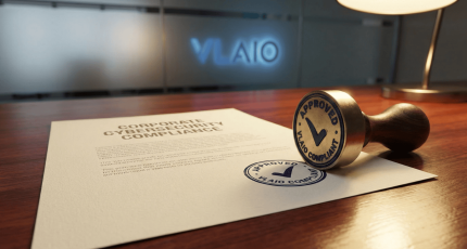 Een close-up van een officieel document met goedkeuringsstempel en VLAIO logo symboliseert de succesvolle aanvraag van 50% subsidie voor uw VLAIO cybersecurity verbetertraject.