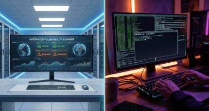 Een split-screen compositie toont links een geautomatiseerd dashboard en rechts de handen van een hacker, wat het contrast symboliseert tussen een snelle vulnerability scan en een diepgaande handmatige pentest.