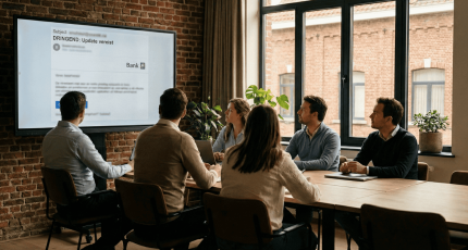 Medewerkers van een Vlaamse KMO volgen een Cybersecurity Awareness Training van Cyberplan; ze bestuderen gezamenlijk een voorbeeld van een phishing-mail op een computerscherm om verdachte signalen in de praktijk te leren herkennen.