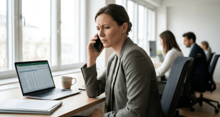 Een bezorgde medewerkster voert een telefoongesprek terwijl ze wordt geconfronteerd met mogelijke deepfake voice cloning, een dreiging waartegen Cyberplan bedrijven beschermt met training en procedures.