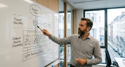 Een IT-manager van Cyberplan legt een Defense in Depth-strategie uit aan de hand van een netwerkdiagram op een whiteboard, met focus op gelaagde beveiliging zoals firewalls, endpoint security en SIEM-monitoring.